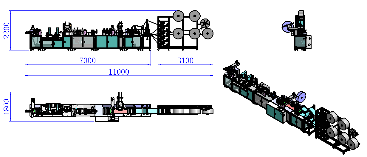 Автоматическая машина для изготовления масок KF94 с прошивкой, три вида чертежа